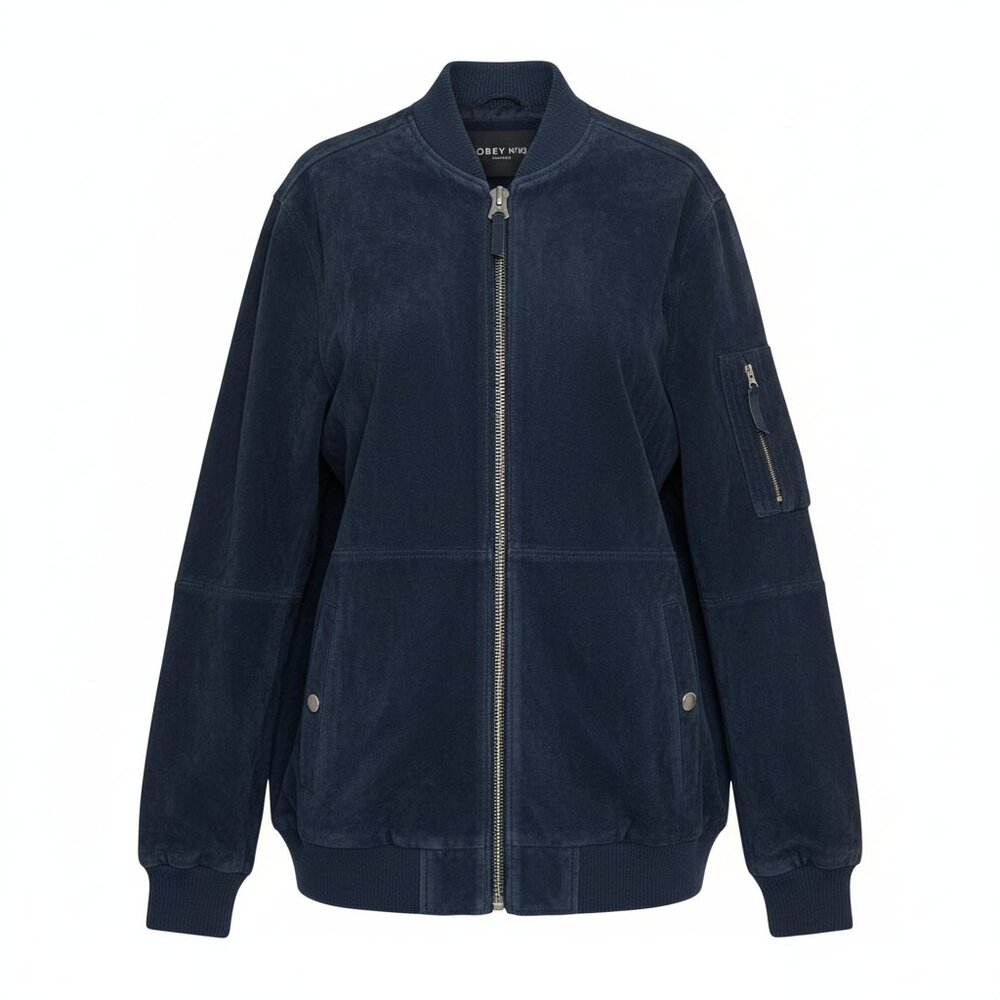 Obey Navy Blue 100% Suede Bomber Jacket – Oversized Fit - XS